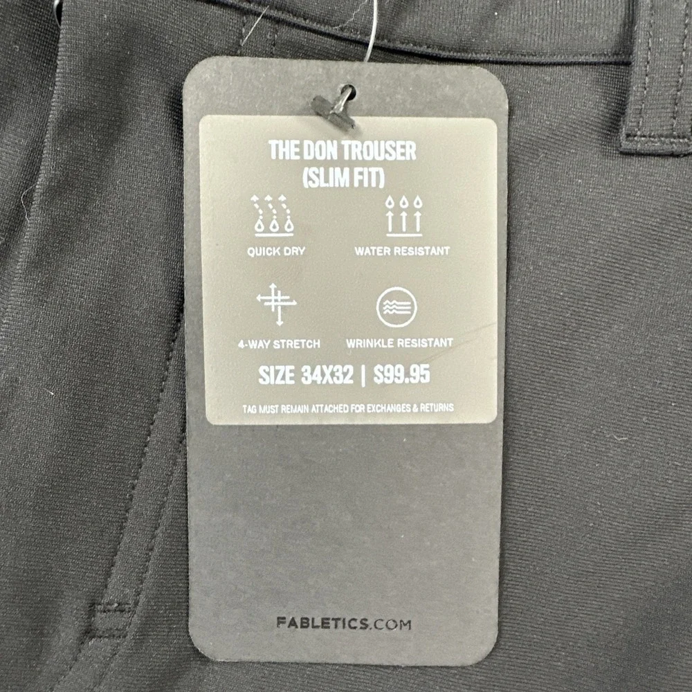 NWT Fabletics The Don Trouser Pants Men 34x32 Black Slim Fit Water Resistant